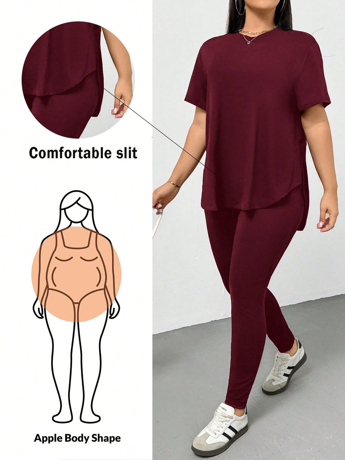 CURVE Burgundy / 0XL Casual Sports Short-Sleeved T-Shirt And Leggings Two Pieces Set