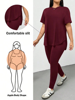 CURVE Burgundy / 0XL Casual Sports Short-Sleeved T-Shirt And Leggings Two Pieces Set