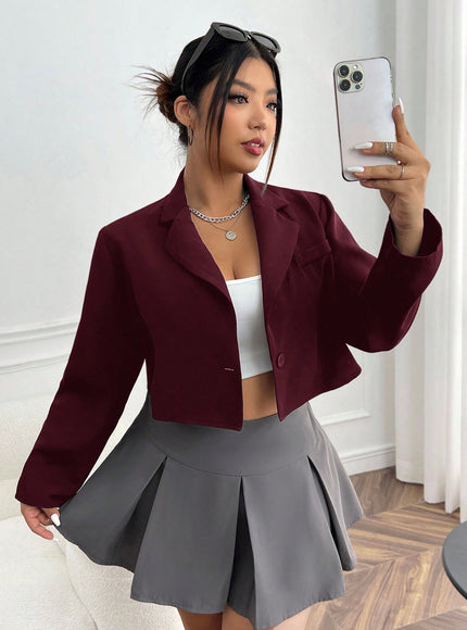 KissICON Burgundy / 0XL Curve Lapel Neck Crop Blazer