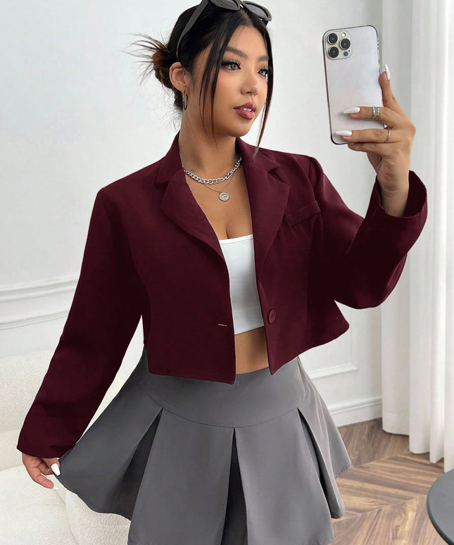 KissICON Burgundy / 0XL Curve Lapel Neck Crop Blazer