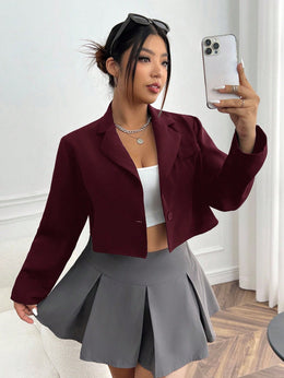KissICON Burgundy / 0XL Curve Lapel Neck Crop Blazer