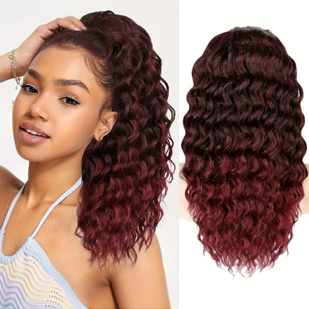 KissICON Burgundy / 20inch Curly Ponytail Clip In Extension 20 Inch -