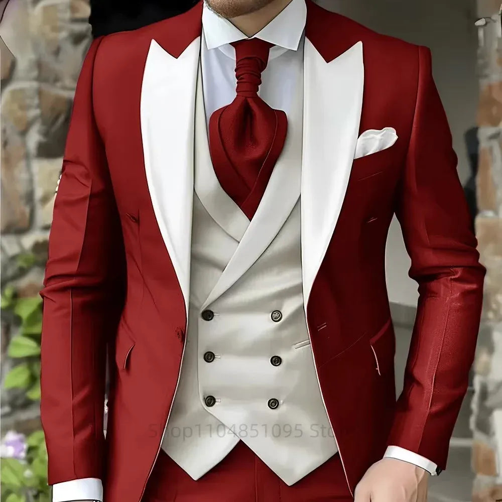 KissICON Burgundy / 5XL Mens Elegant Peak Lapel 3Piece Tuxedo Suit