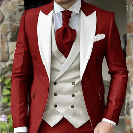 KissICON Burgundy / 5XL Mens Elegant Peak Lapel 3Piece Tuxedo Suit