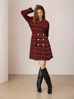 KissICON Burgundy Houndstooth Curve Tweed Coat – Pearls