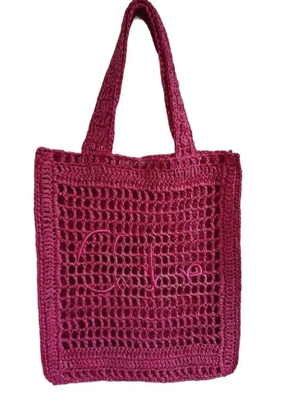 KissICON Burgundy Straw Woven Hollow Shoulder Three-dimensional Letter Tote