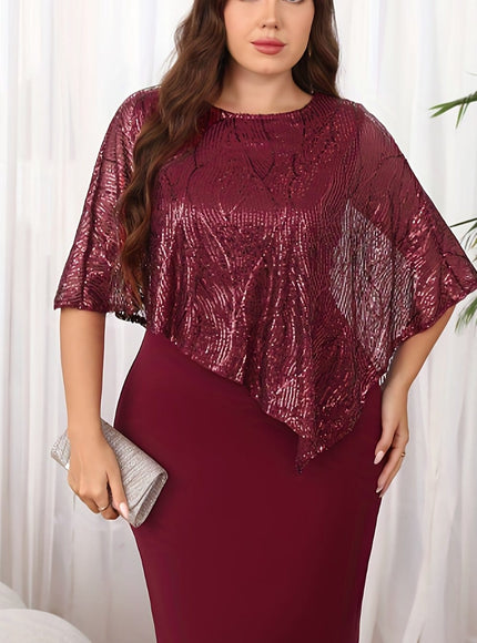 jkthpu-45 Burgundy / UK 16 Elegant Sequin-Embellished Sleeveless Round Neck Bodycon Midi Dress for Women - Plus Size Stretchy A-Line Knee-Length Machine-Washable Solid Color 3-Season Versatile Party & Casual Wear, Seasonal Fashion, Sophisticated Silhouette, Sequin Embellishment, Ev