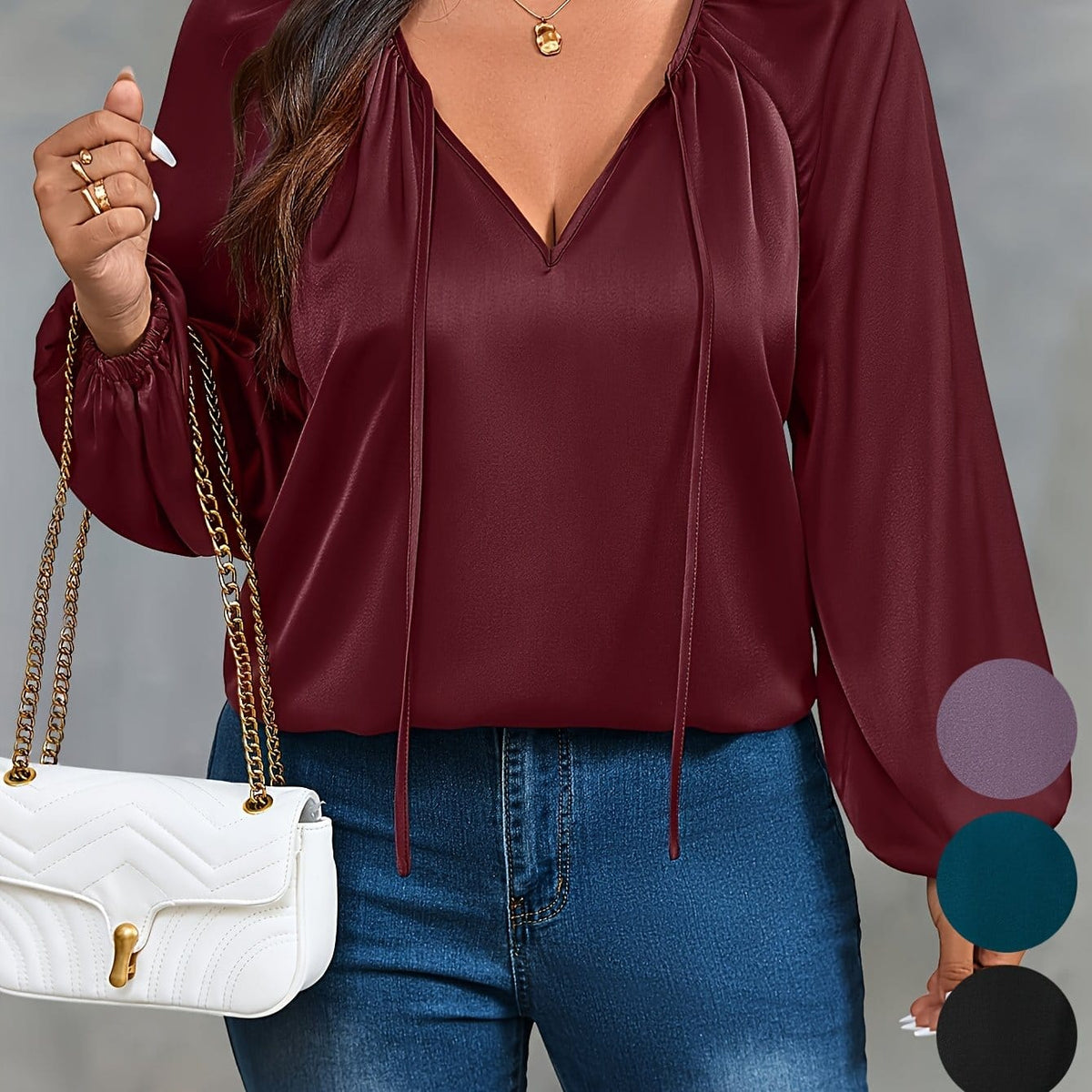 jkthpu-45 Burgundy / UK 16 Plus Size Green Ruffle VNeck Blouse Effortless Casual Style