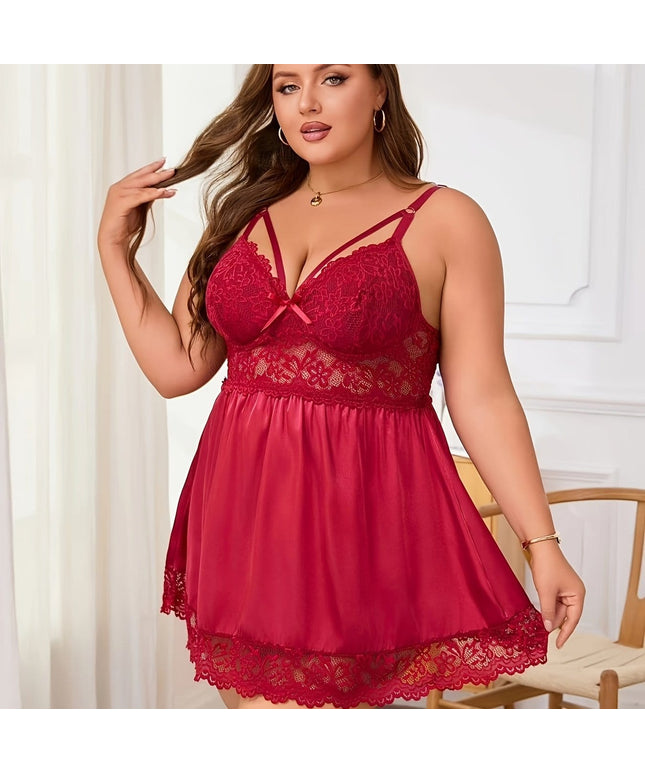 jkthpu-45 Burgundy / UK 18 Elegant PlusSize Lace Underwire Sexy Nightgown with Bow