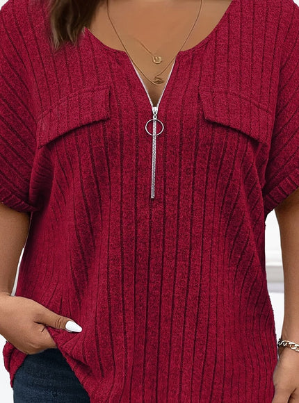 KissICON Burgundy / UK 18 [Plus Size T-Shirt] Elegant Plus Size Women's Short-Sleeve T-Shirt | with Zipper Pockets And a Loose, Comfortable Fit, for Spring And Summer