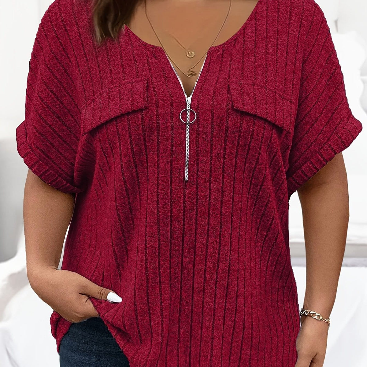 KissICON Burgundy / UK 18 [Plus Size T-Shirt] Elegant Plus Size Women's Short-Sleeve T-Shirt | with Zipper Pockets And a Loose, Comfortable Fit, for Spring And Summer