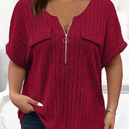 KissICON Burgundy / UK 18 [Plus Size T-Shirt] Elegant Plus Size Women's Short-Sleeve T-Shirt | with Zipper Pockets And a Loose, Comfortable Fit, for Spring And Summer