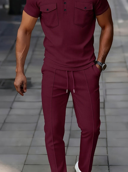 KissICON Burgundy / UK 40 Mens Waffle Knit Polo  Pants Summer Casual Set
