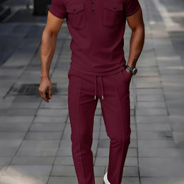 KissICON Burgundy / UK 40 Mens Waffle Knit Polo  Pants Summer Casual Set