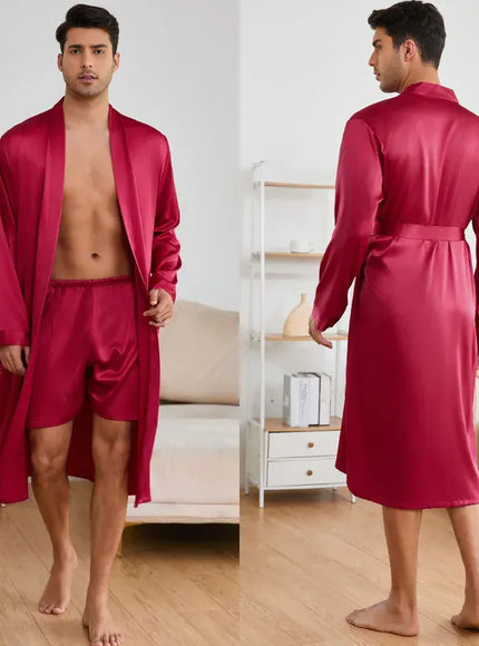 KissICON Burgundy / XL Mens Silk Satin Pajama Robe Set Luxe Loungewear
