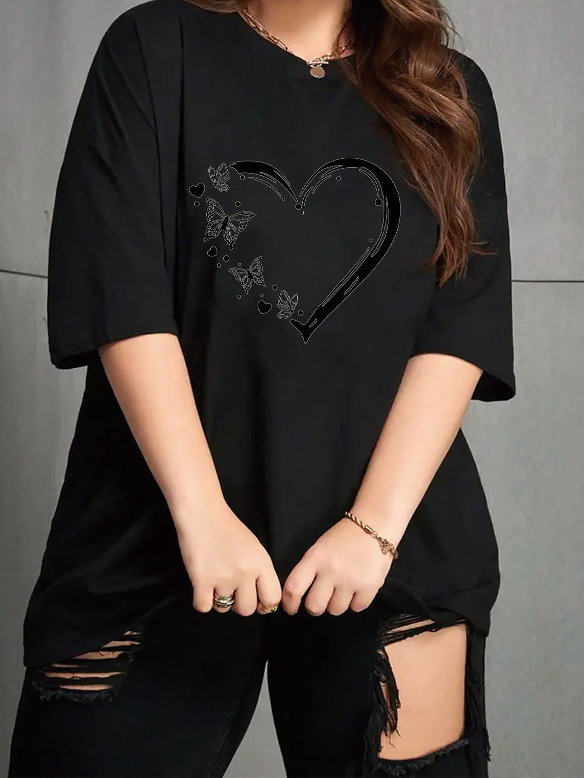 jkthpu-45 Butterfly And Heart Design Plus-Size Casual T-Shirt, Summer