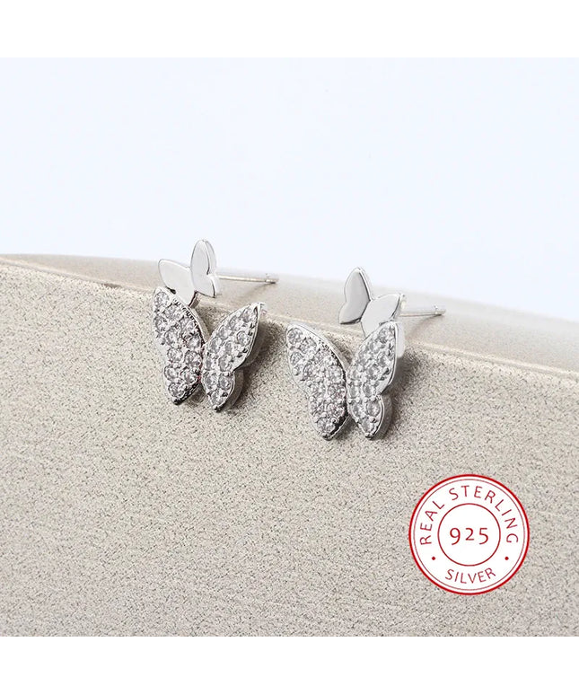 KissICON Butterfly Full Diamond Stud Ladies Simple Everything Temperament S925 Silver Plated Earrings Small Exquisite Send Girlfriend