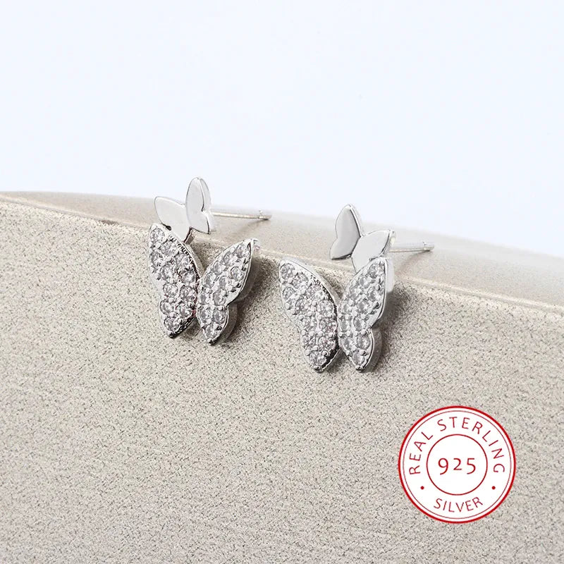 KissICON Butterfly Full Diamond Stud Ladies Simple Everything Temperament S925 Silver Plated Earrings Small Exquisite Send Girlfriend
