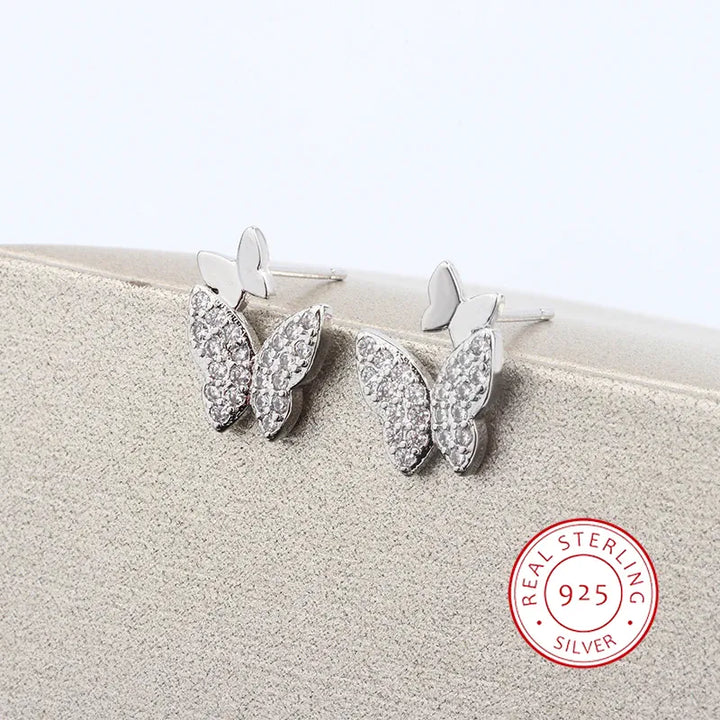 Butterfly Full Diamond Stud Ladies Simple Everything Temperament S925 Silver Plated Earrings Small Exquisite Send Girlfriend