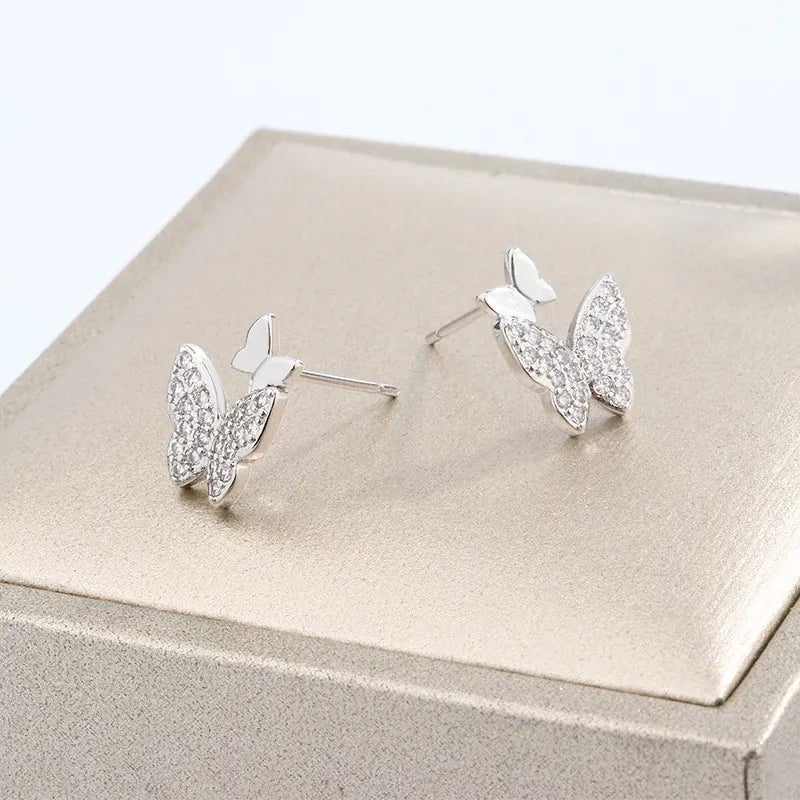 KissICON Butterfly Full Diamond Stud Ladies Simple Everything Temperament S925 Silver Plated Earrings Small Exquisite Send Girlfriend