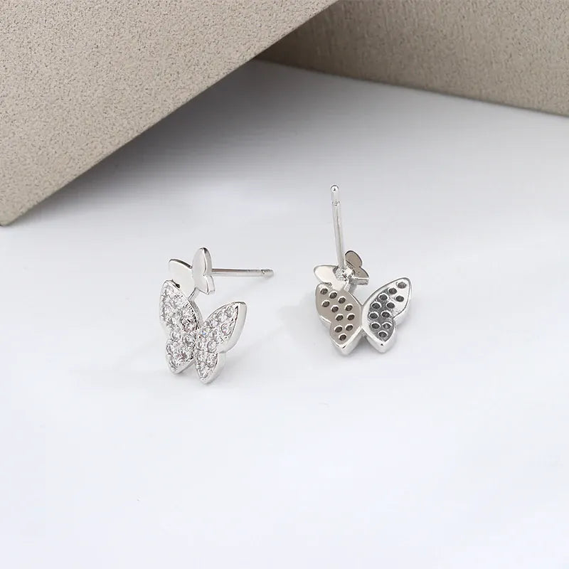 KissICON Butterfly Full Diamond Stud Ladies Simple Everything Temperament S925 Silver Plated Earrings Small Exquisite Send Girlfriend