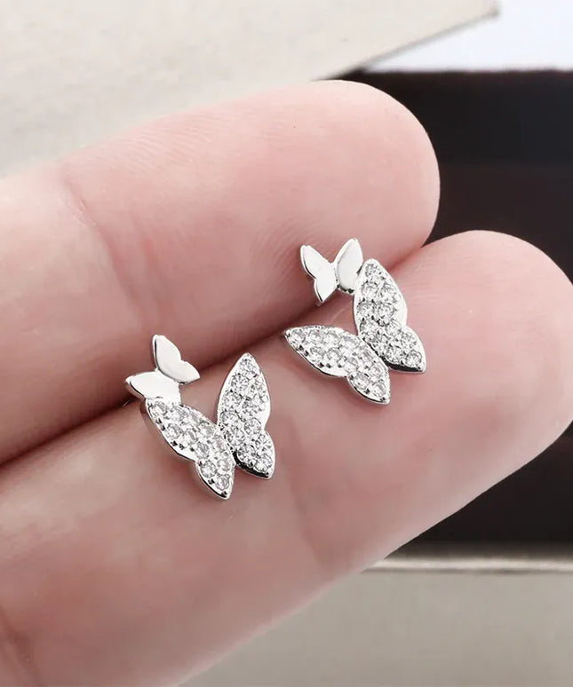 KissICON Butterfly Full Diamond Stud Ladies Simple Everything Temperament S925 Silver Plated Earrings Small Exquisite Send Girlfriend