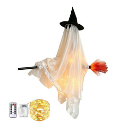 KissICON C / China Halloween Hanging Ghost Decorations Cute Ghost Ornament Hanging Ghost with Broom Halloween Decoration Flying Witch for Haunted