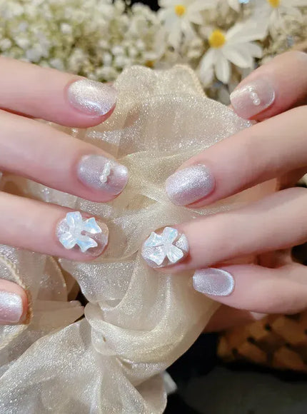 KissICON C147 White French Press On Nails 3D Bowknot Full