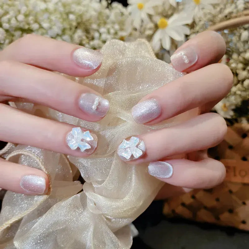 KissICON C147 White French Press On Nails 3D Bowknot Full