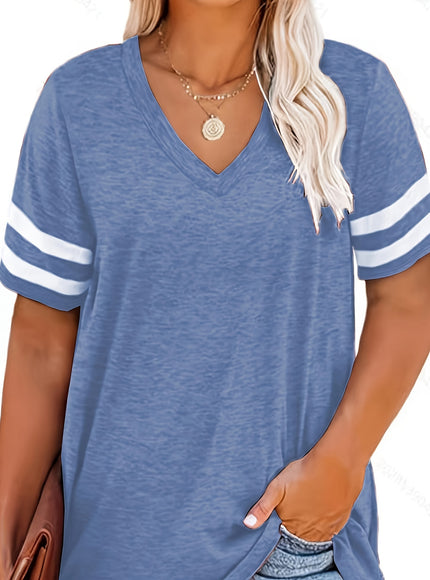 Plus Size Women's V-Neck Short Sleeve T-Shirt - Lightweight Stretchy Summer Tee with Random Print, Loose Casual Fit, Machine Washable, Sizes XL-5XL for Everyday & Office Wear, Versatile Clothing, Striped Print Shirt, Soft Fab