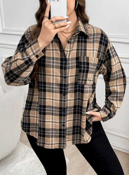 Plus Size, Women's Oversized Plaid Checkered Shirt - Elegant Casual Long Sleeve Blouse with Pockets, All-Season Brown/Black/Beige Tartan Pattern, Plus Size Comfort Fit for Everyday & Formal Wear, Machine Washable, Relaxed Fit