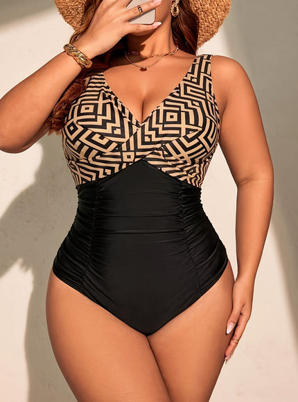One-piece Geometric Print Black Spliced Beachwear Swimsuit