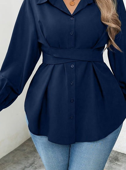 Women'S Elegant Solid Color Shirt with Belt, Polyester 100% Long Sleeve Raglan Sleeve, All-Season H-Fit with Lapel Collar, Button Placket, Regular Length - Woven Fabric 113 gsm