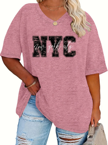 Plus Size - Women'S Plus Size NYC Graphic Tee - Casual V-Neck, Short Sleeve, Stretchy Rayon Blend, Black with White Lettering, Perfect for Spring, Summer & Fall, Everyday Tshirt|Vneck Top|Comfortable Fit