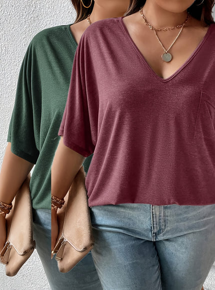 Plus Size, Plus Size Women's 2pcs Set Deep V Neck Solid Color Pocket Patch T-Shirt
