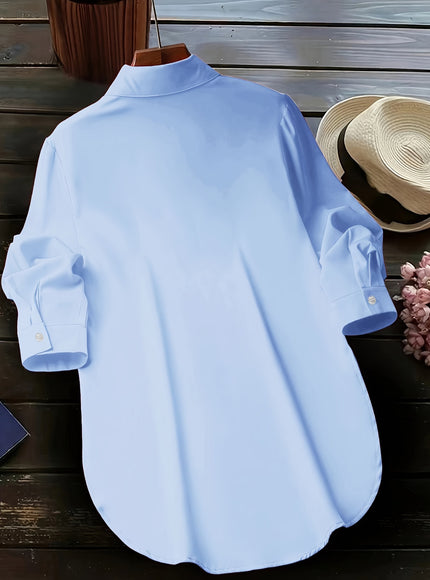 Plus Size Chic Blouse with Flowy Curved Hem - Fashionable Button Front & Classic Collar - Perfect Casual Wear for Spring - Womens Plus Size Clothing