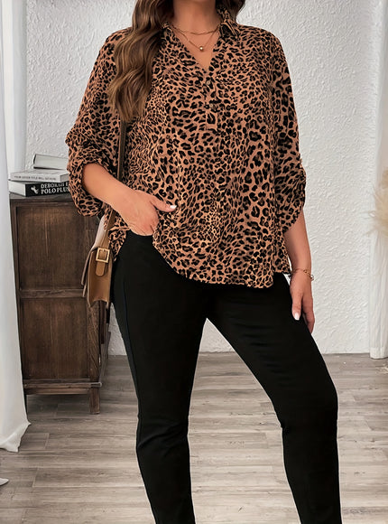 Plus Size - Women'S Elegant Leopard Print Long Sleeve Blouse - Lightweight, Button-Up Shirt with Lapel Collar, Non-Stretch Fabric, Perfect for All Seasons, Casual to Formal Wear, Casual Chic Wear | Elegant Casualwear | Nonstr