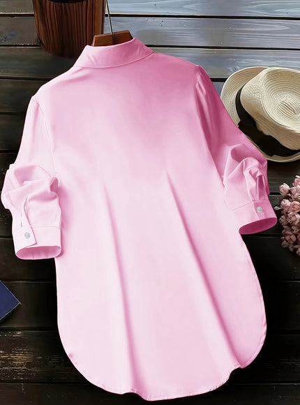 Plus Size Chic Blouse with Flowy Curved Hem - Fashionable Button Front & Classic Collar - Perfect Casual Wear for Spring - Womens Plus Size Clothing