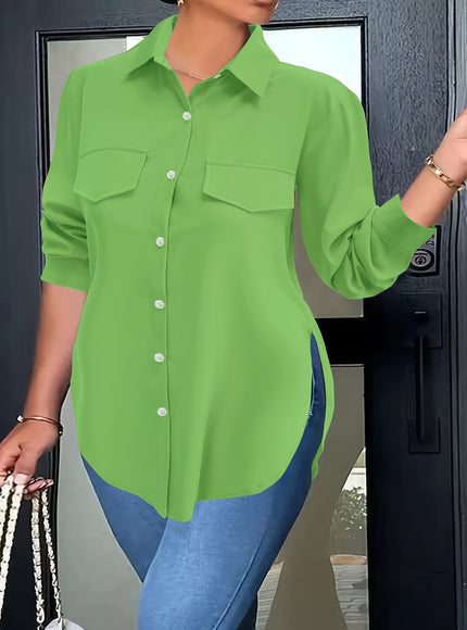 Plus Size Chic Blouse with Flowy Curved Hem - Fashionable Button Front & Classic Collar - Perfect Casual Wear for Spring - Womens Plus Size Clothing