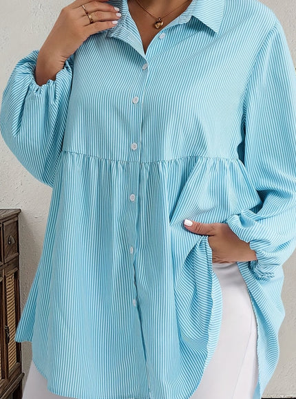Plus Size, Women's Plus Size Oversized White & Green Horizontal Striped Button- Shirt Jacket-like Blouse - Short Sleeve-like Collar, Wrinkle-Resistant (Machine Washable) H-Line Fit for Year-Round Casual & Dressy Wear (No)