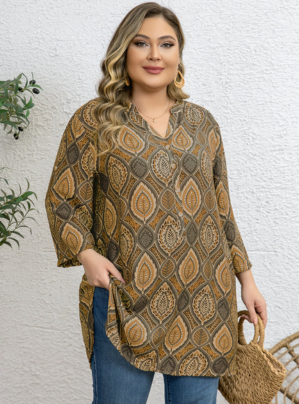 Plus Size - Women'S Plus Size Tropical Print V-Neck Blouse - Elegant Loose Fit Long Shirt with Adjustable Three-Quarter Sleeves, Half Placket & Button Front, Comfortable Casual Top for Casual Attire, Casual Attire Blouse | Vn