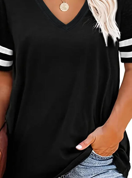 Plus Size Women's V-Neck Short Sleeve T-Shirt - Lightweight Stretchy Summer Tee with Random Print, Loose Casual Fit, Machine Washable, Sizes XL-5XL for Everyday & Office Wear, Versatile Clothing, Striped Print Shirt, Soft Fab