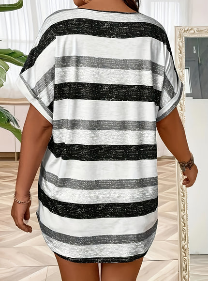 Plus Size, Women's Elegant V-Neck T-Shirt - Stretchy Blouse Top in Teal Blue, Orange & Brown Horizontal Stripes - Polyester/Elastane Blend Shirt for Everyday & Formal Outfits - Machine Washable Women's Clothing, Ladies T Shir