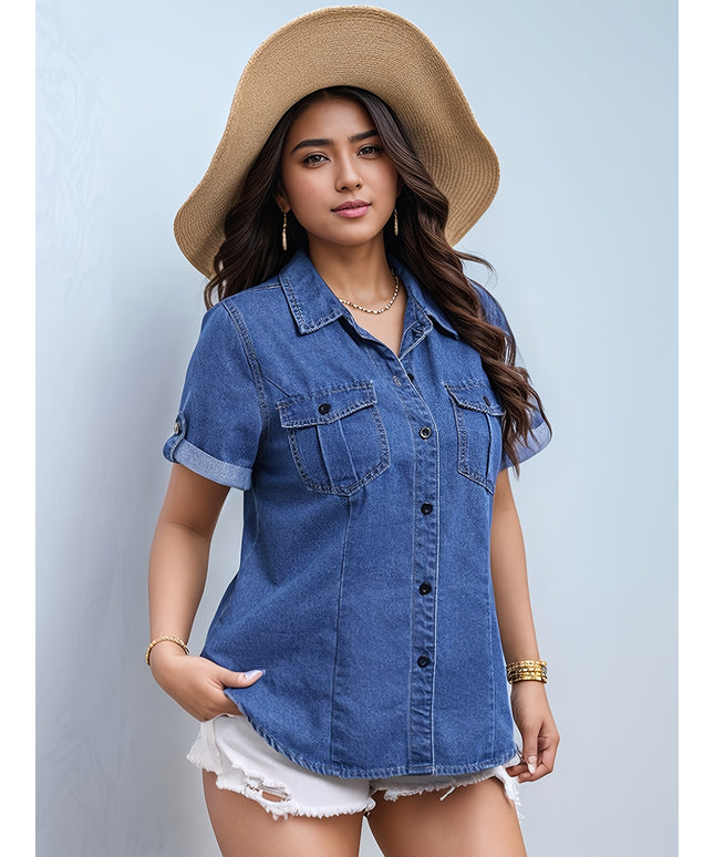 Women's Plus Size Elegant Denim Style Short Sleeve Shirt with Flap Pocket, Fashion Button-Up Top, Workwear Denim Blouse, Summer Fashion, Spring Wardrobe, Buttonup Blouse, Classic Design, Nonstretch Material, Durable Fabric, W