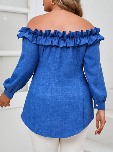Elegant Women's Off-Shoulder Ruffle Trim Blouse - Long Sleeve, Button Front, Non-Stretch Polyester in Vibrant Blue, Machine Washable