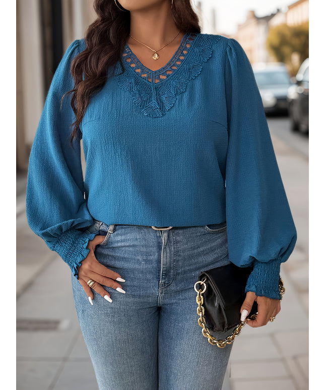 Plus Size, Women's Plus Size Elegant V-Neck Puff Sleeve Blouse with Lace Trim - Turquoise Blue Solid Color Winter Warmth, Structured Non-Stretch Fabric, Machine Washable Casual to Formal Blouse for Fall/Winter, Relaxed Fit Lo