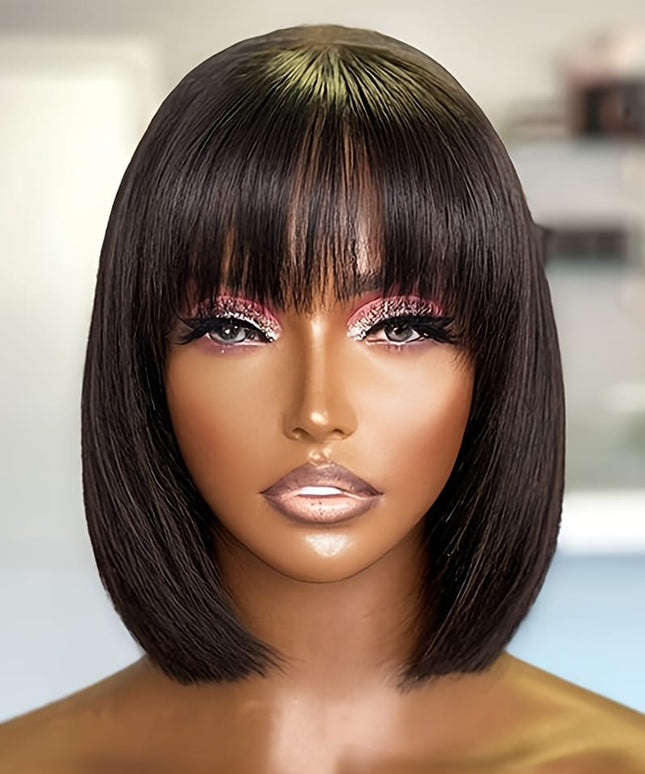 Kissicon Human Hair Bob Wig Bangs