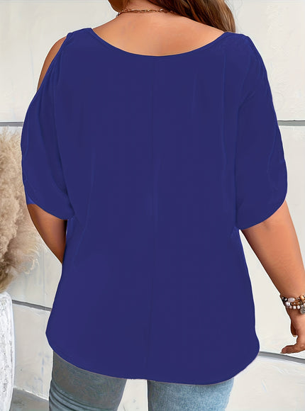 Plus Size Solid Cold Shoulder Women's Casual Crew Neck Short Sleeve T-Shirt