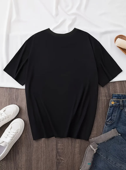 Plus Size, Women's Black Floral Print T-Shirt - Elegant Casual Chic Tee with White Floral Pattern, Relaxed Fit Round Neck Top for Everyday & Formal Outfits, Machine Washable Shirt for Women, Summer Outfit, Chic Style, Medium
