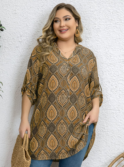 Plus Size - Women'S Plus Size Tropical Print V-Neck Blouse - Elegant Loose Fit Long Shirt with Adjustable Three-Quarter Sleeves, Half Placket & Button Front, Comfortable Casual Top for Casual Attire, Casual Attire Blouse | Vn